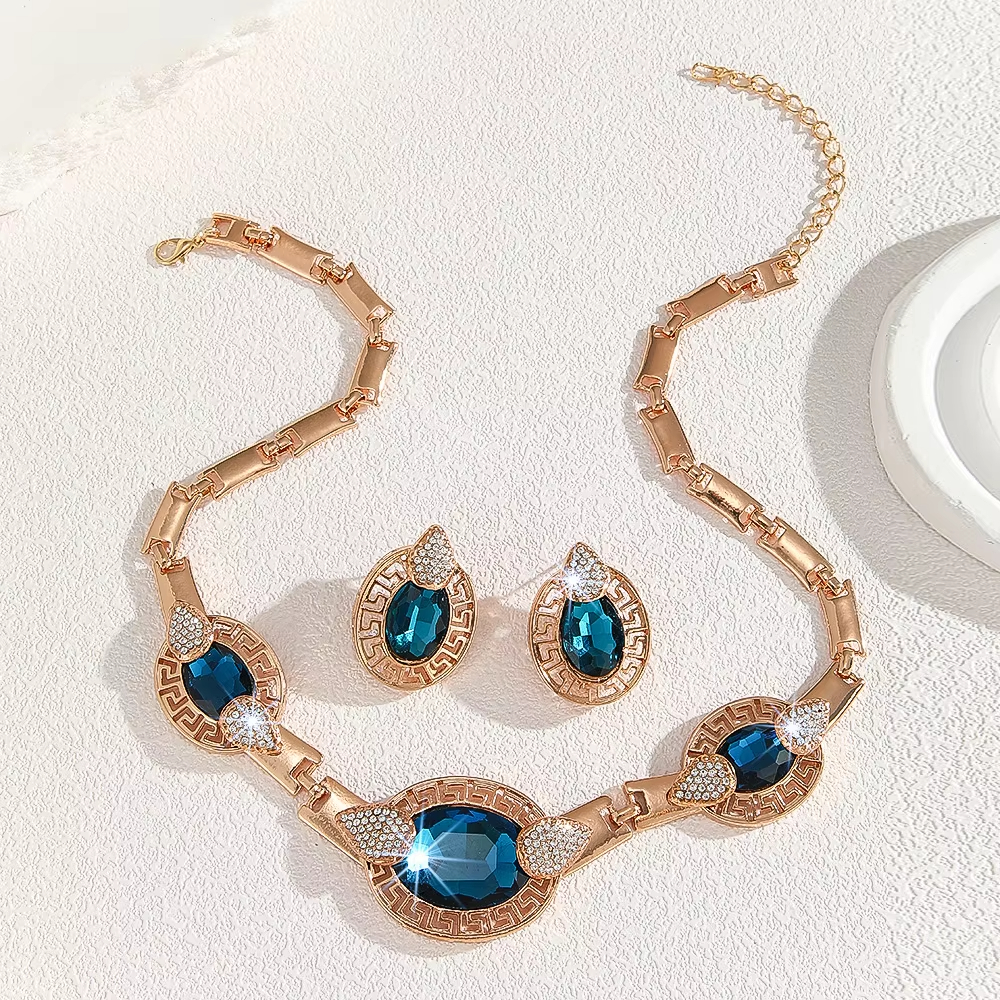 Necklace Earring Bracelet Set Engagement Jewelry Wedding Accessories Bride Rhinestone Gold Plated Necklace Jewelry