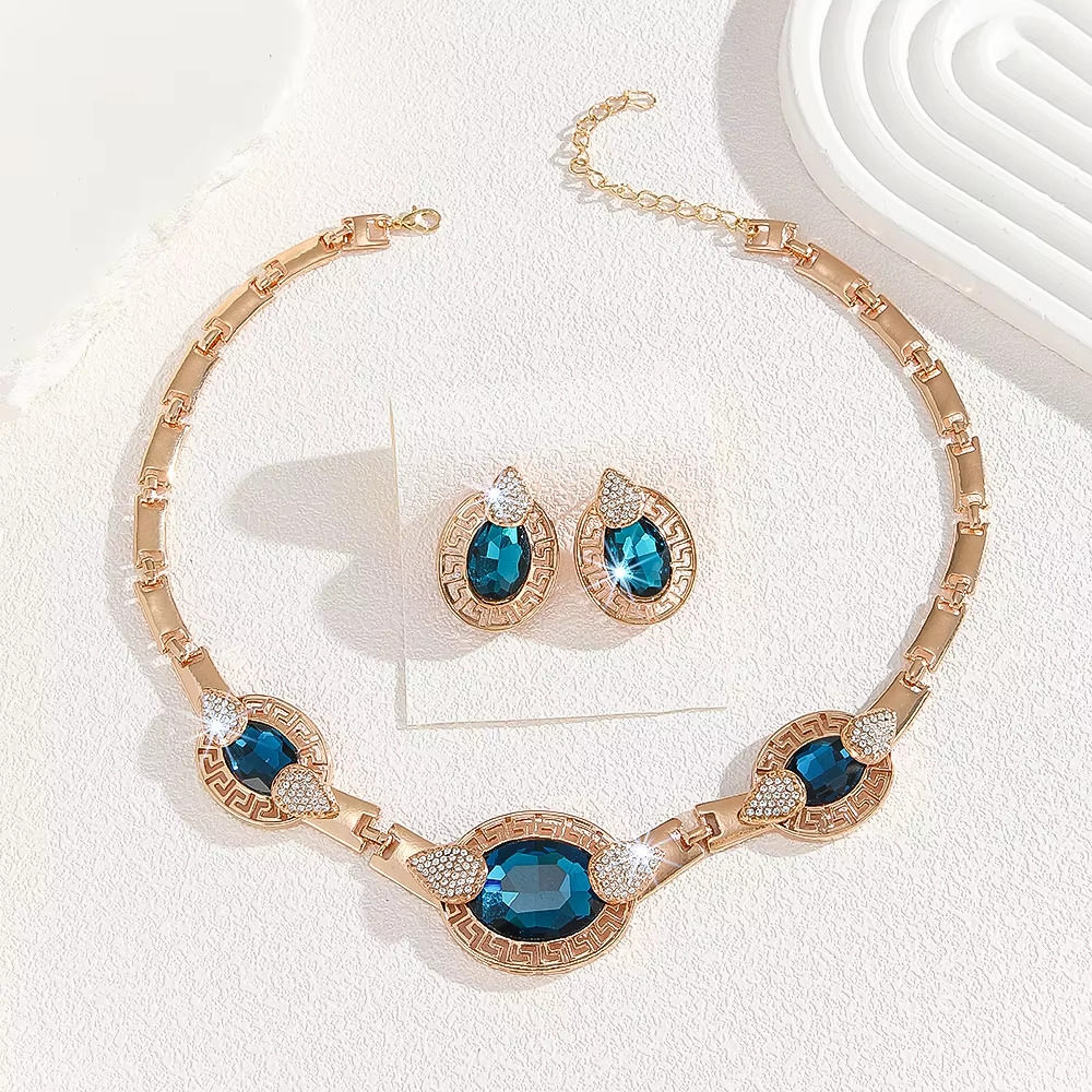 Necklace Earring Bracelet Set Engagement Jewelry Wedding Accessories Bride Rhinestone Gold Plated Necklace Jewelry
