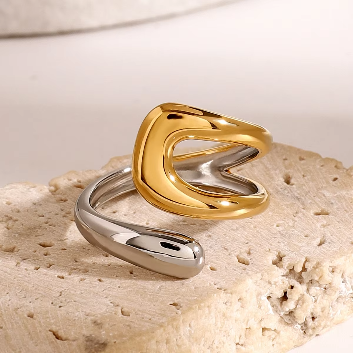 New Design Two-Tone Colorblock Cross Asymmetric Ring – 18K PVD Gold Plated Stainless Steel Statement Open Ring for Women