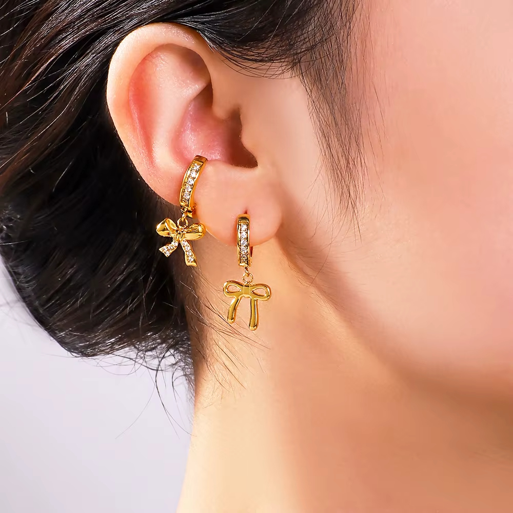 New Fashion 18K Gold Plated Stainless Steel Bowknot Drop Earrings and Necklace Waterproof Jewelry