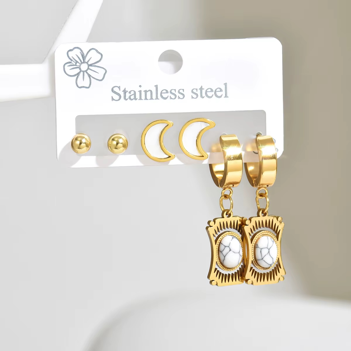 New Fashion 3-Pair Stainless Steel Drop Earring Set