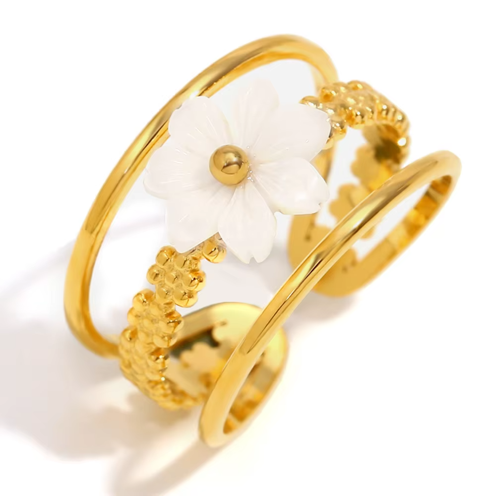 New Fashion Natural Shell Flower Adjustable Ring – 18K Gold Plated Stainless Steel Finger Jewelry for Women