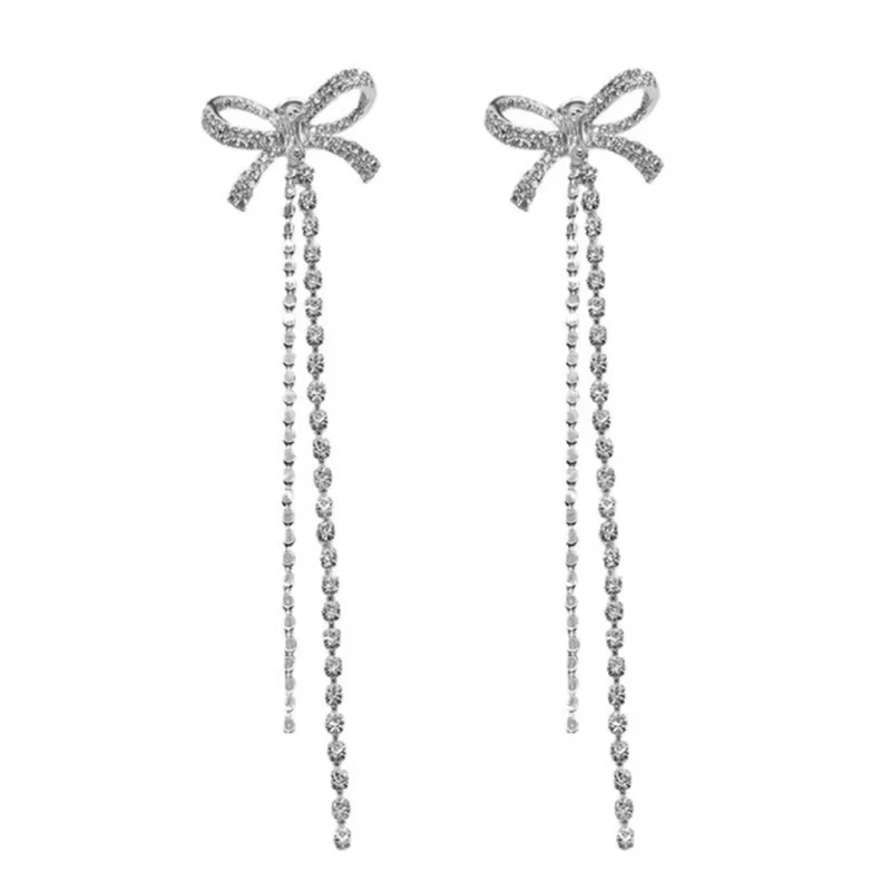 New Fashion Silver Plated Bow Stud Earrings Party Jewelry Exquisite Bling Rhinestone Cubic Tassel Earring