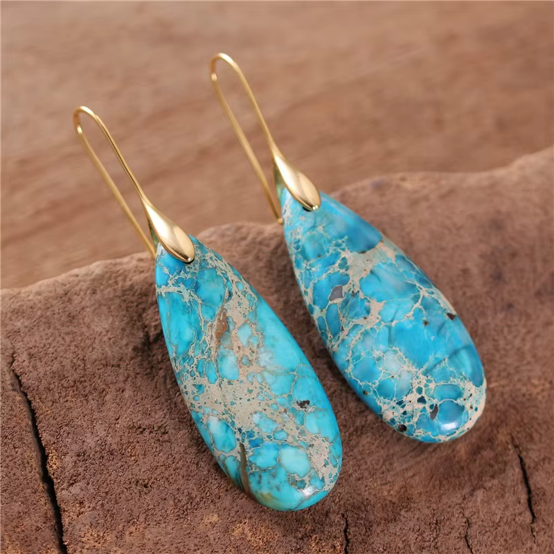 Chic Gorgeous Gemstone Turquoise Imperial Jasper Teardrop Dangle Earrings for Women Fashion Bold Statement Jewelry Wholesale