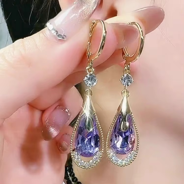 New Luxury Trendy Purple Water Drop Crystal Earrings Alloy Water Drop Style for Wedding Party Gift for Women Wholesale