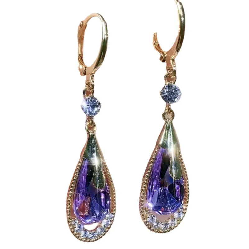 New Luxury Trendy Purple Water Drop Crystal Earrings Alloy Water Drop Style for Wedding Party Gift for Women Wholesale