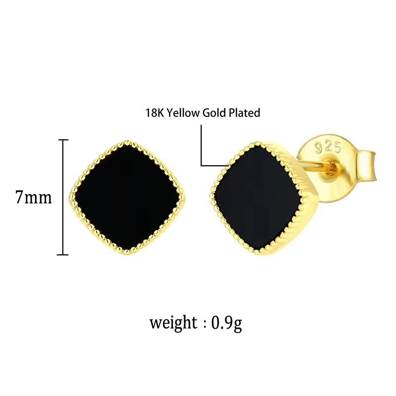 New Trending S925 Gold Plated Fine Black Square Agate Stud Earrings Female Temperament Simple Stud Earring