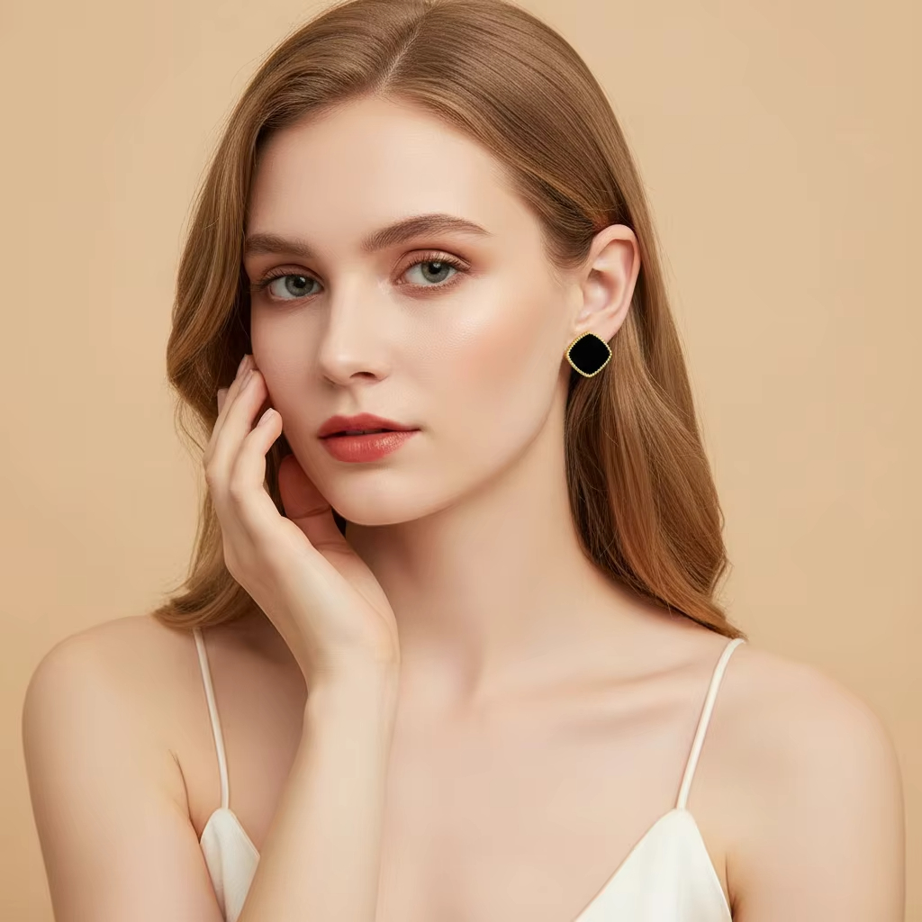 New Trending S925 Gold Plated Fine Black Square Agate Stud Earrings Female Temperament Simple Stud Earring
