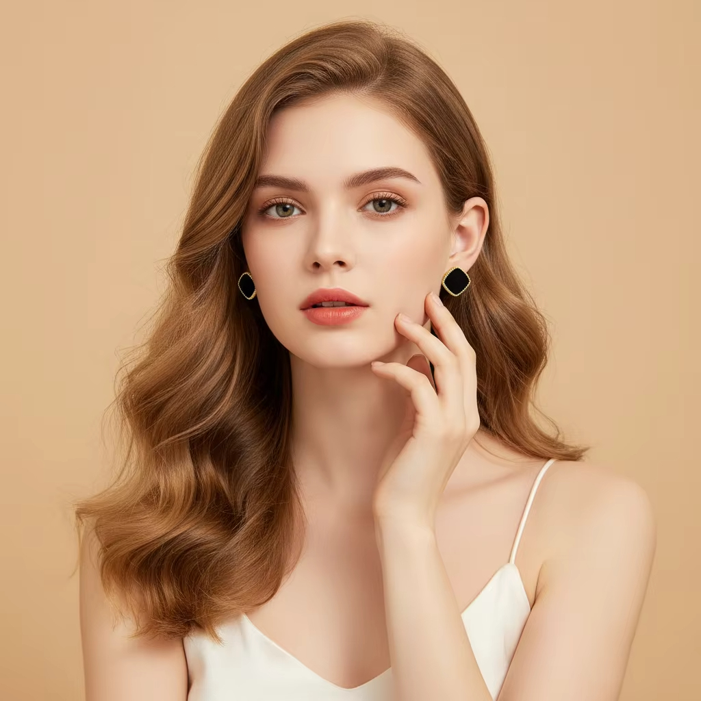 New Trending S925 Gold Plated Fine Black Square Agate Stud Earrings Female Temperament Simple Stud Earring