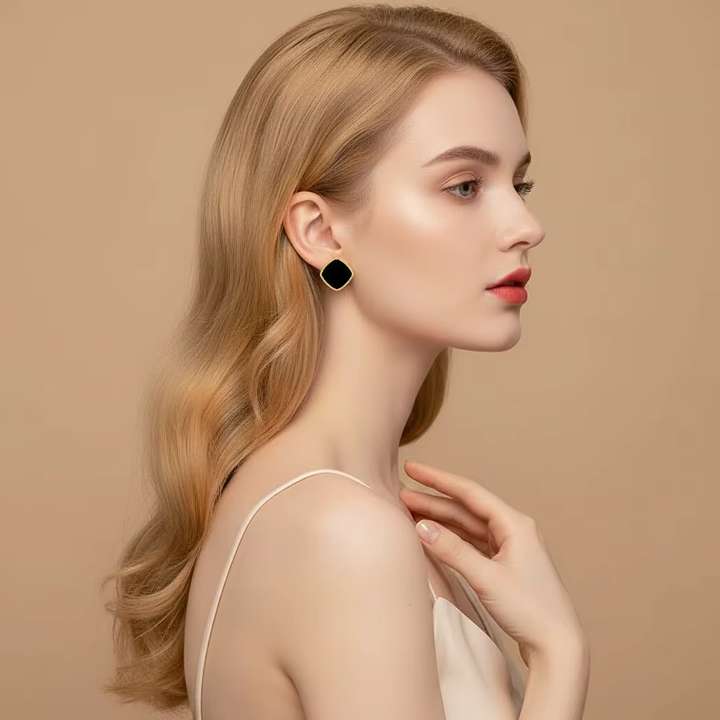 New Trending S925 Gold Plated Fine Black Square Agate Stud Earrings Female Temperament Simple Stud Earring