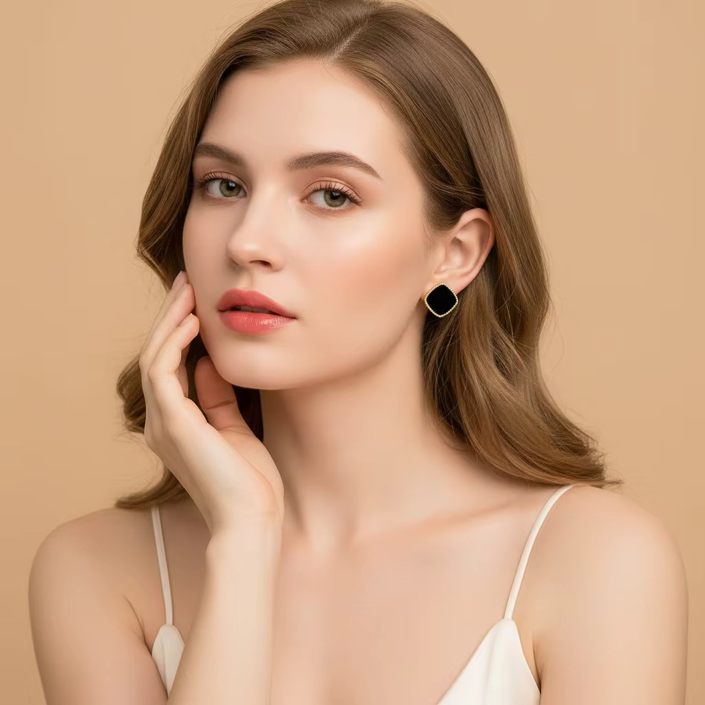 New Trending S925 Gold Plated Fine Black Square Agate Stud Earrings Female Temperament Simple Stud Earring