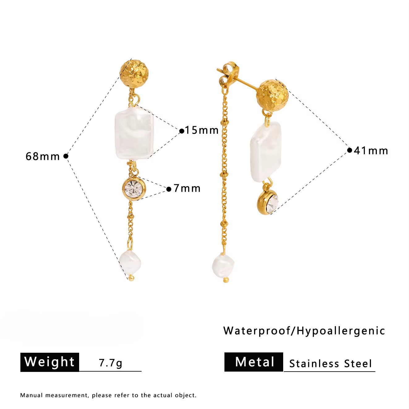 Novirassine Stainless Steel Plated 18k Gold Earrings with Geometric Tassel Pearl Pendant, Trendy and Niche Earrings for Women