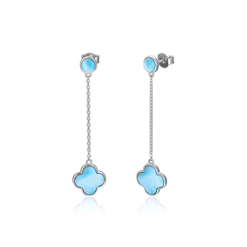 OEM Custom Classic Design Fine Jewelry 925 Silver Natural Blue Larimar Stone Long Drop Earrings for Wedding Anniversary Party