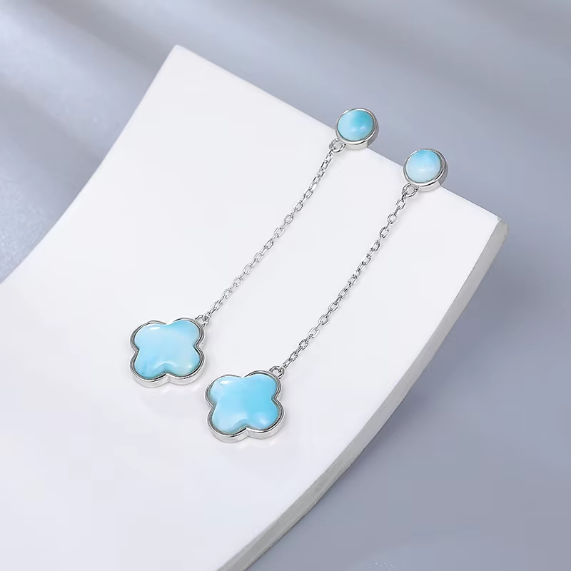 OEM Custom Classic Design Fine Jewelry 925 Silver Natural Blue Larimar Stone Long Drop Earrings for Wedding Anniversary Party