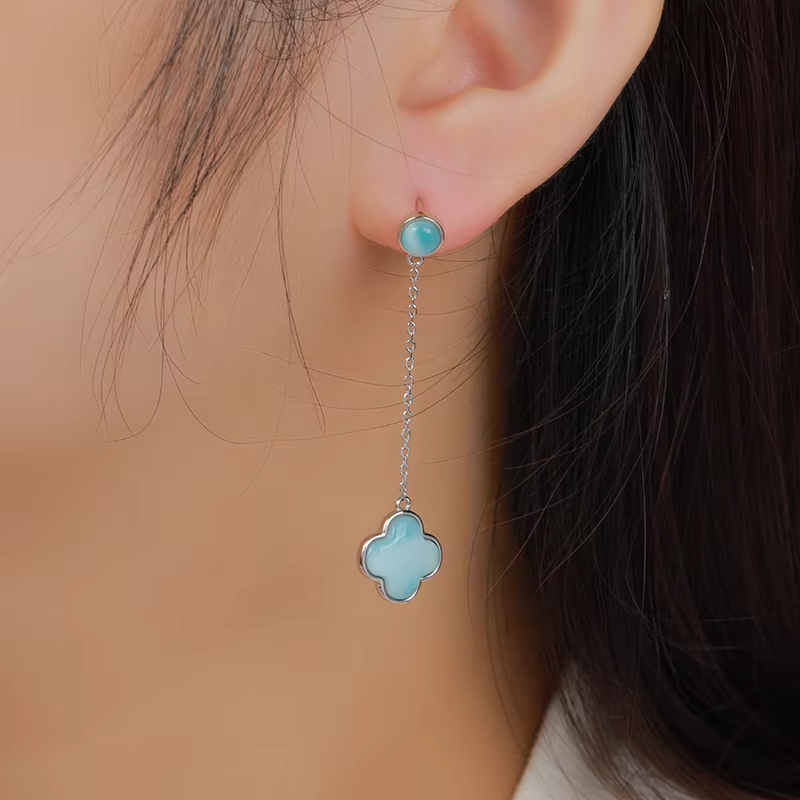 OEM Custom Classic Design Fine Jewelry 925 Silver Natural Blue Larimar Stone Long Drop Earrings for Wedding Anniversary Party