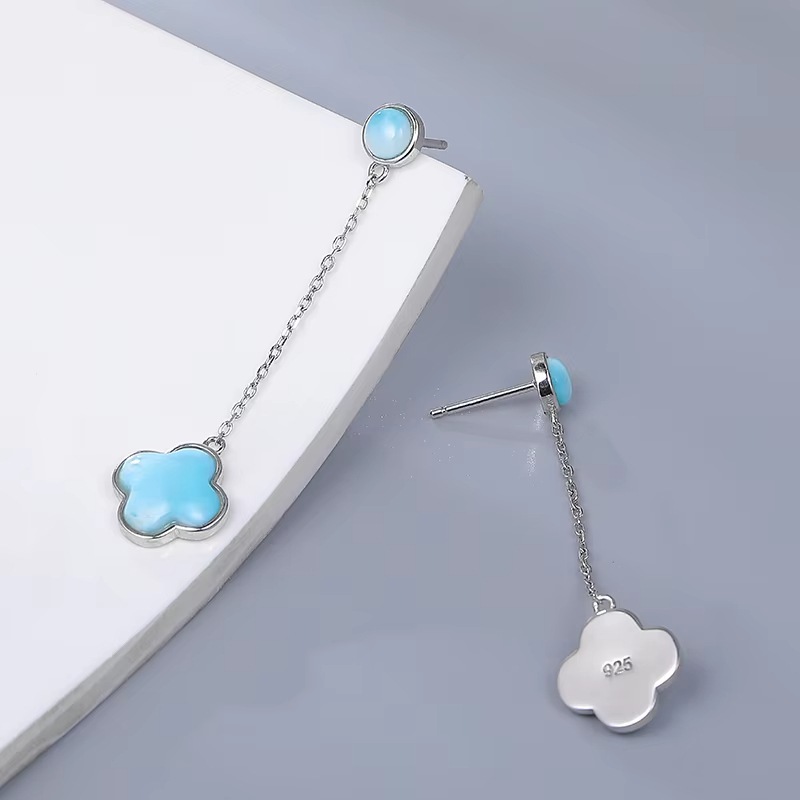 OEM Custom Classic Design Fine Jewelry 925 Silver Natural Blue Larimar Stone Long Drop Earrings for Wedding Anniversary Party