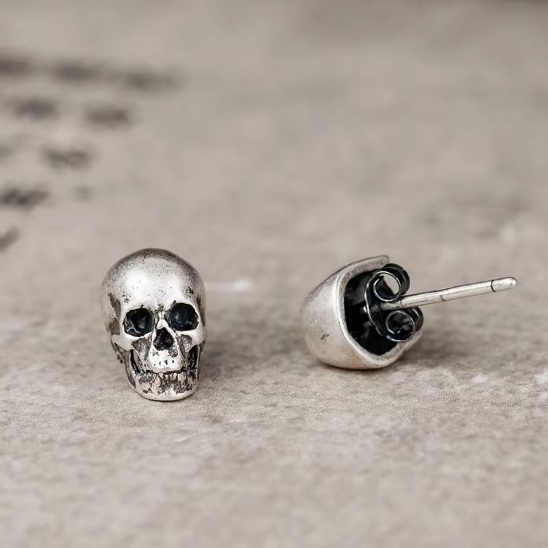 OEM Real 925 Sterling Silver Skull Stud Earrings Small Stud Earring Vintage Punk Jewelry for Men Brinco Masculino