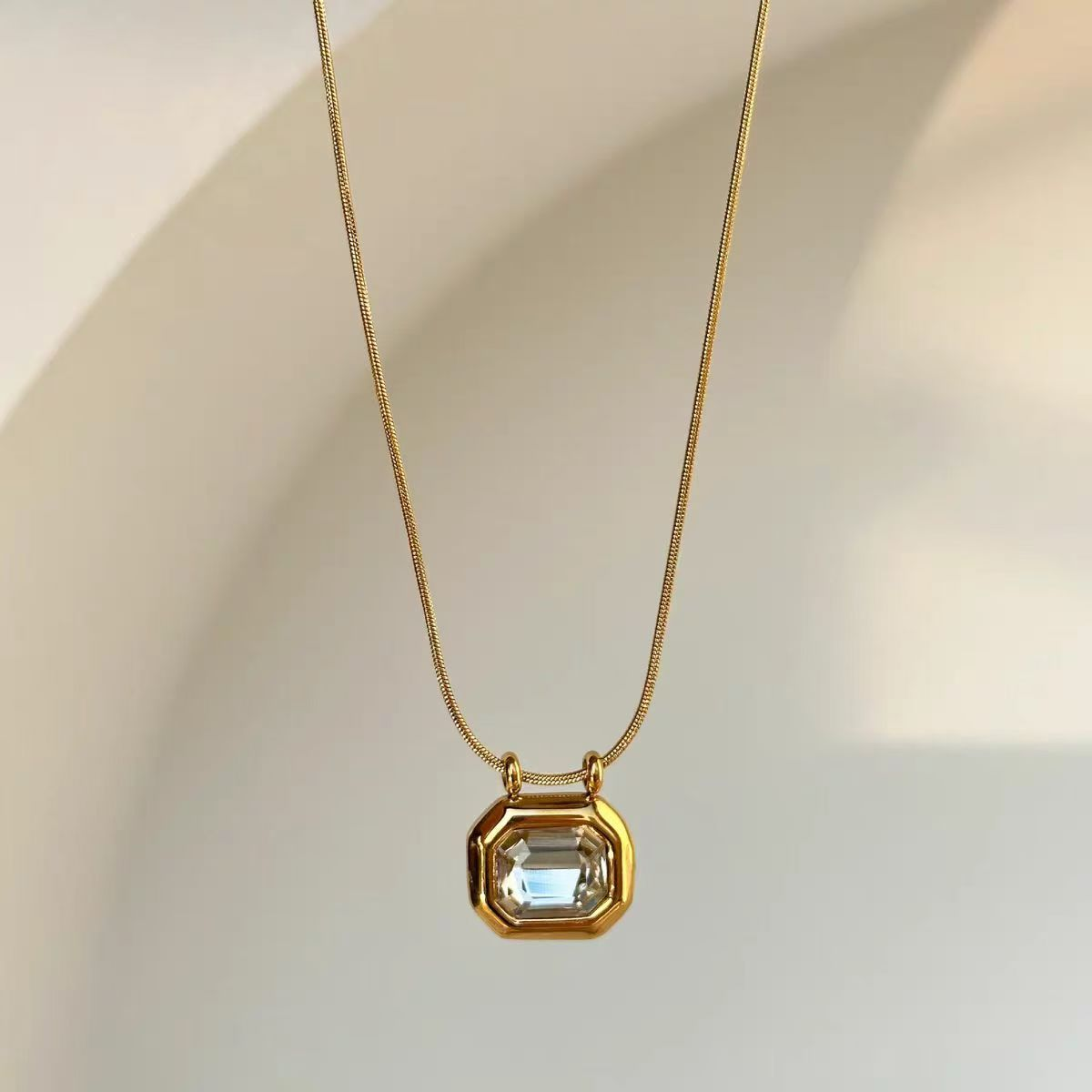 Octagon Crystal Pendant Gold Necklace – Minimalist Elegant Jewelry for Women