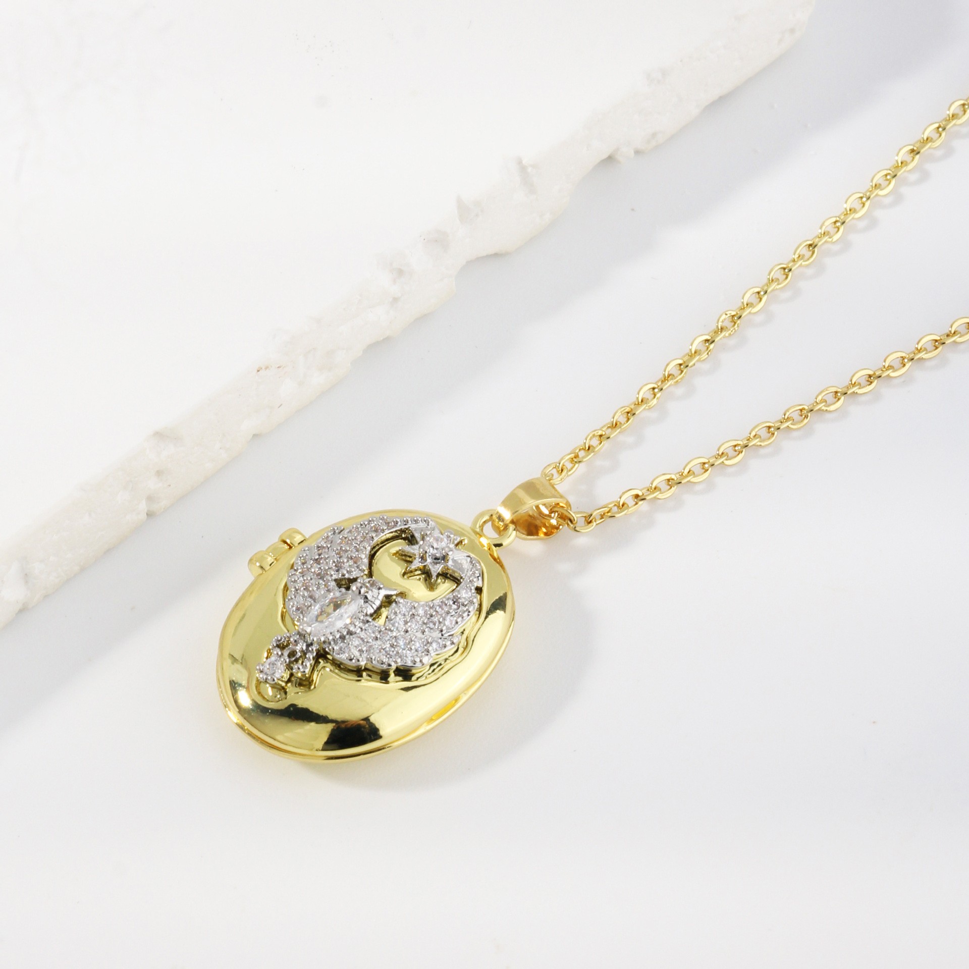 Openable Oval Cubic Zirconia Moon Star Locket Necklace