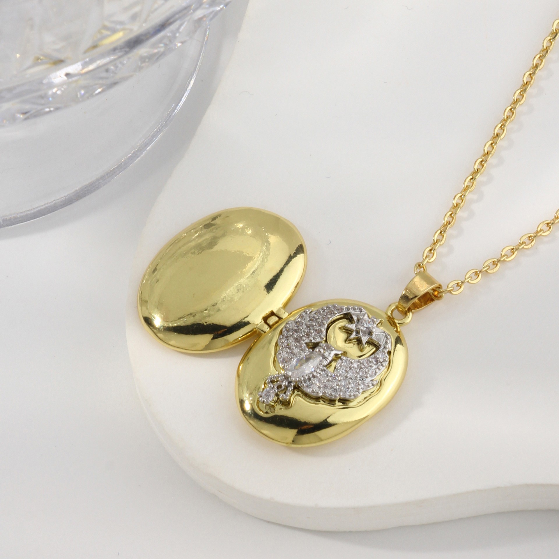 Openable Oval Cubic Zirconia Moon Star Locket Necklace