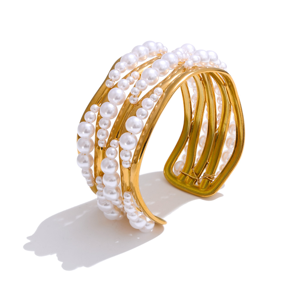 PVD Plated Stainless Steel Arrivals Wrist Jewelry Simulated Pearls Big Cuff Open Wide Handmade Bracelet Bangle Gift