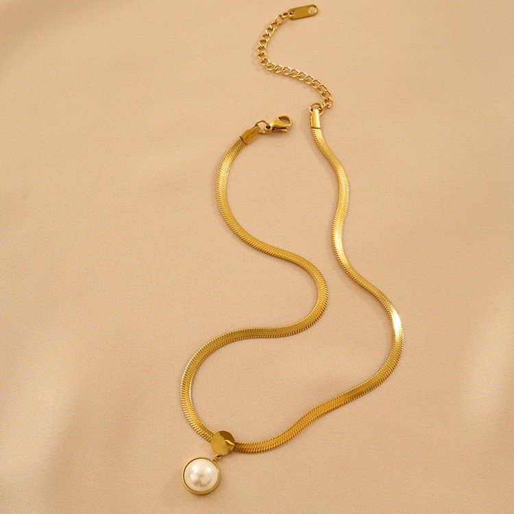 Elegant Gold Snake Chain Necklace with Pearl Pendant