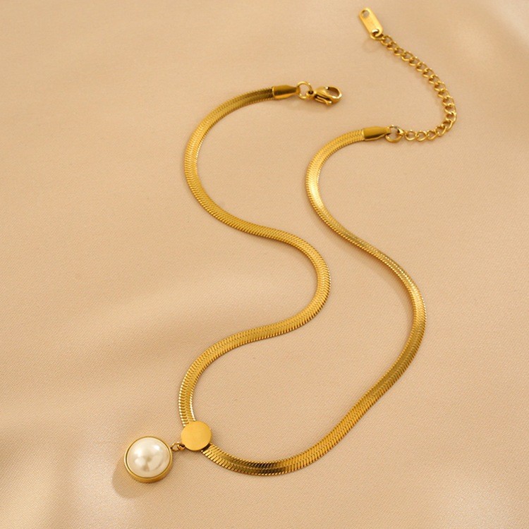 Elegant Gold Snake Chain Necklace with Pearl Pendant
