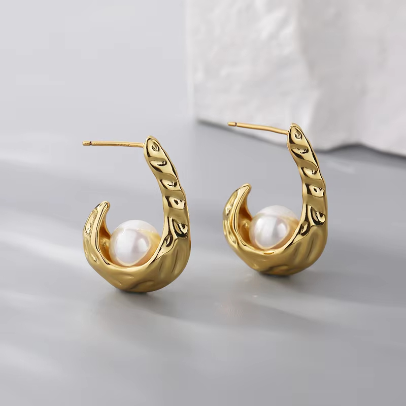Personality metallic sense jewelry irregular cradle earrings Pearl studs Factory customization