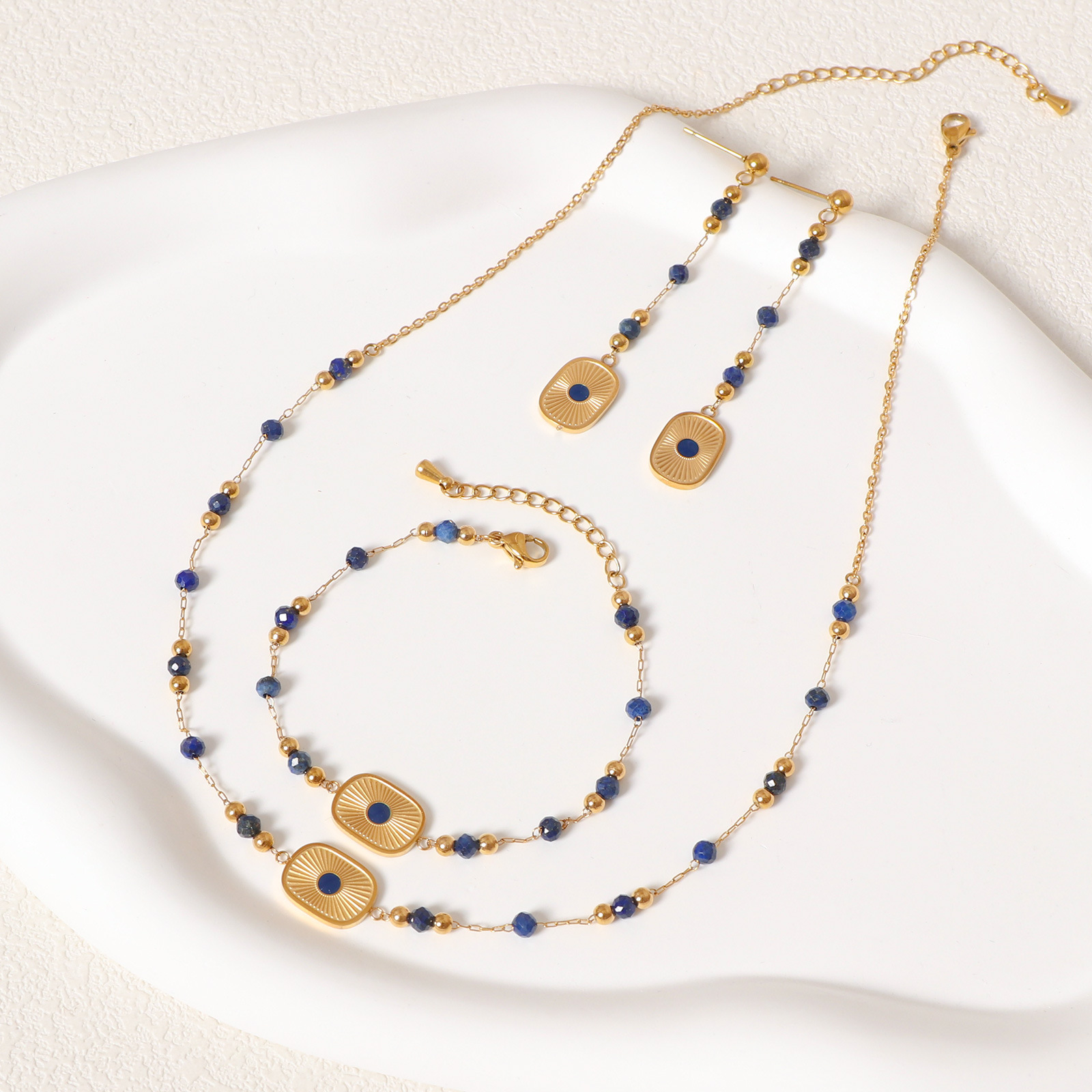 Natural Lapis Lazuli Jewelry Sets Bracelet Necklace Long Drop Earrings Luxury Elegant Beaded Gold Tone Set