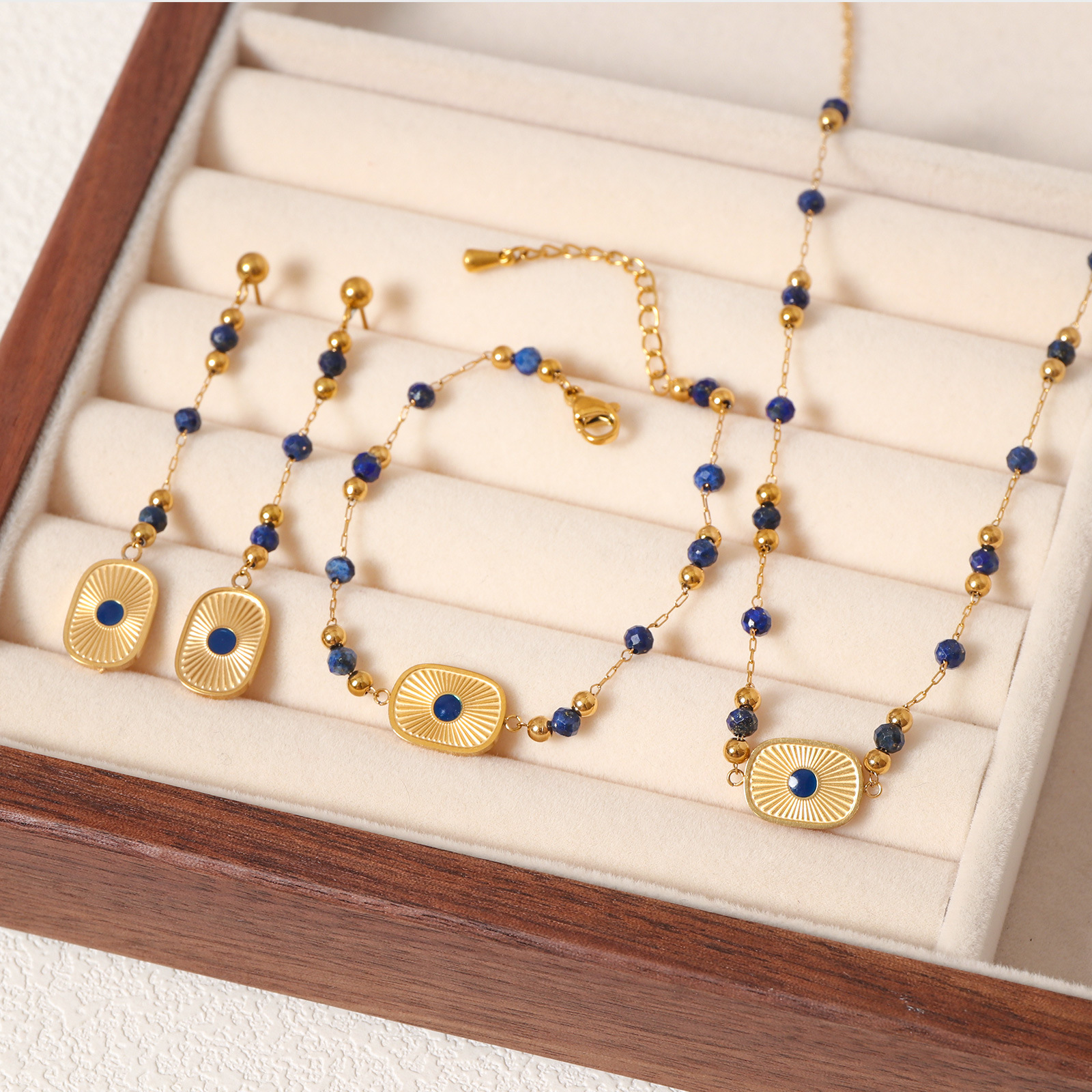 Natural Lapis Lazuli Jewelry Sets Bracelet Necklace Long Drop Earrings Luxury Elegant Beaded Gold Tone Set