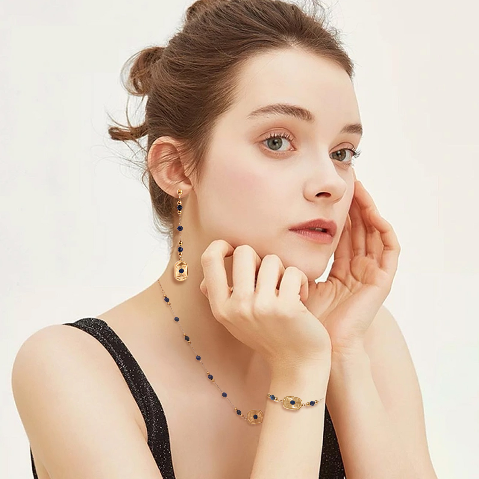 Natural Lapis Lazuli Jewelry Sets Bracelet Necklace Long Drop Earrings Luxury Elegant Beaded Gold Tone Set