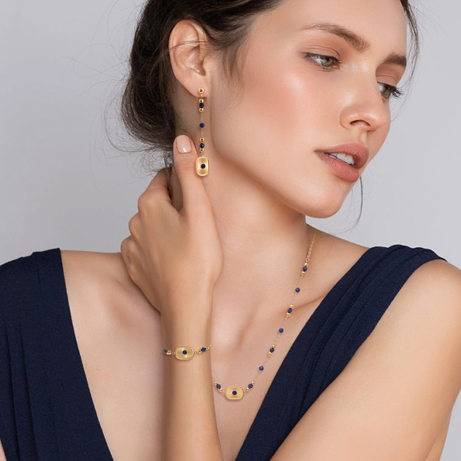 Natural Lapis Lazuli Jewelry Sets Bracelet Necklace Long Drop Earrings Luxury Elegant Beaded Gold Tone Set