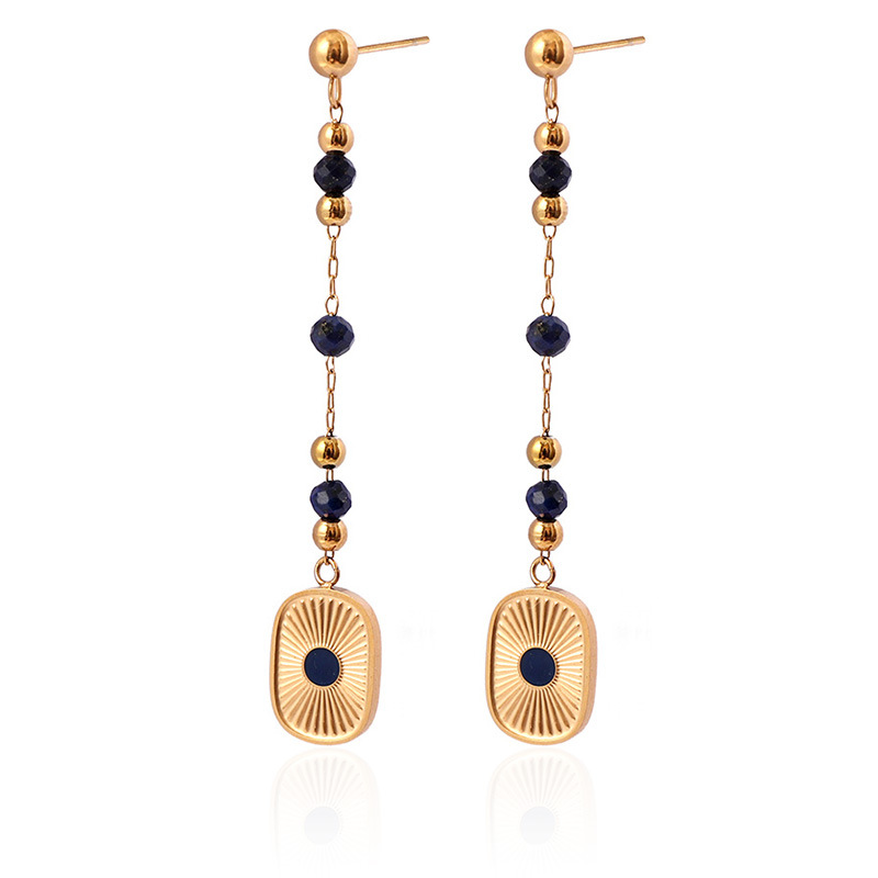 Natural Lapis Lazuli Jewelry Sets Bracelet Necklace Long Drop Earrings Luxury Elegant Beaded Gold Tone Set
