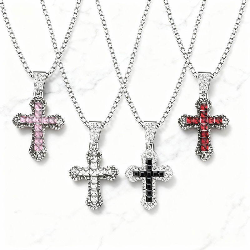 Pink Diamond Alloy Necklace with Diamond-Studded Cross Pendant – Religious Prayer Chain Everyday Accessory