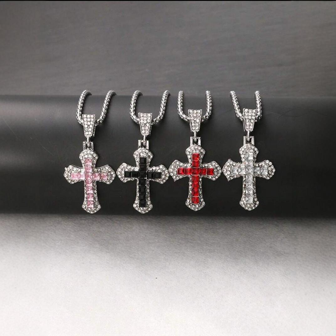 Pink Diamond Alloy Necklace with Diamond-Studded Cross Pendant – Religious Prayer Chain Everyday Accessory