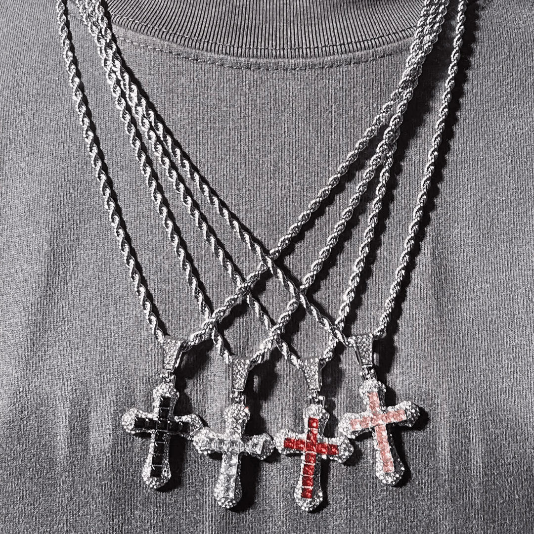 Pink Diamond Alloy Necklace with Diamond-Studded Cross Pendant – Religious Prayer Chain Everyday Accessory
