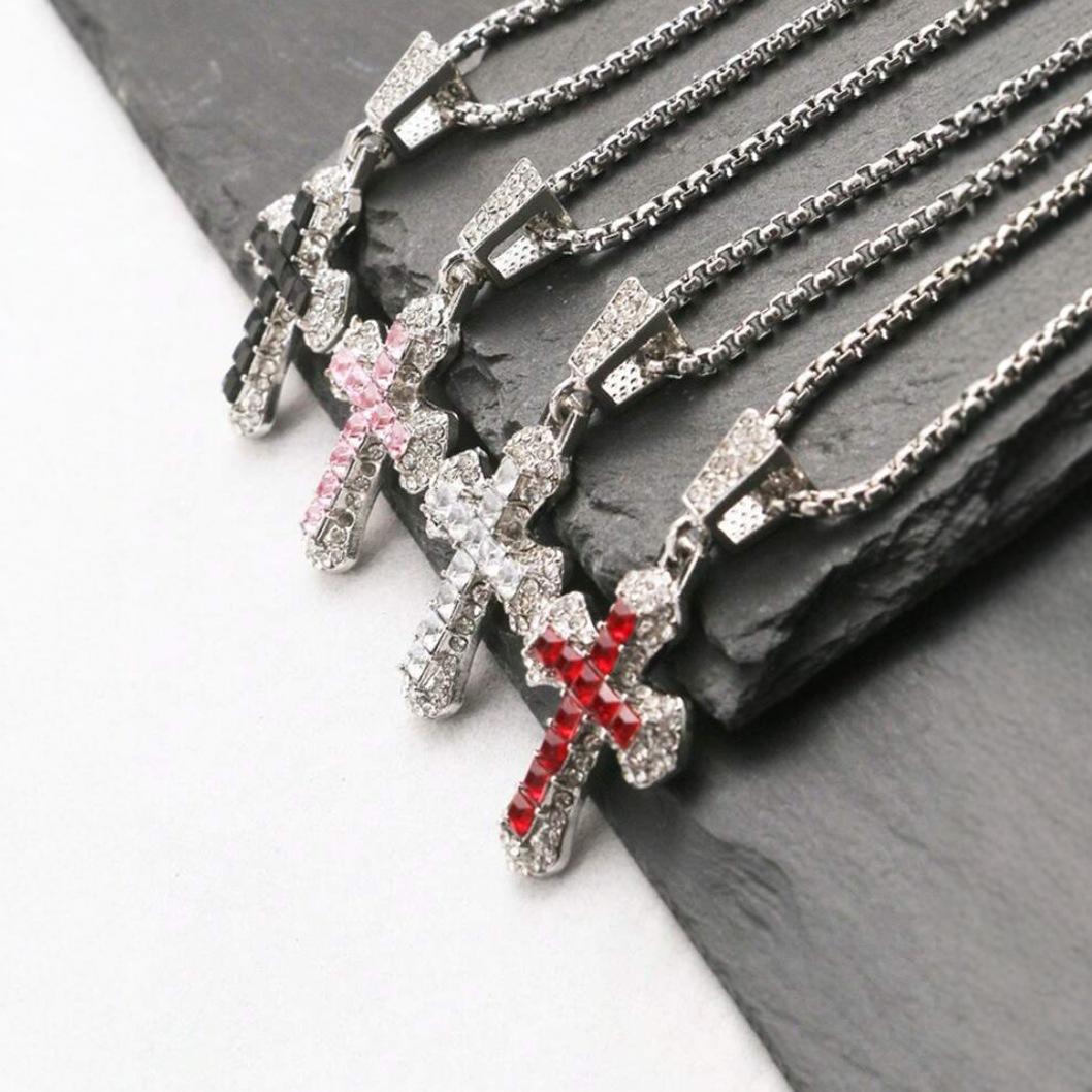 Pink Diamond Alloy Necklace with Diamond-Studded Cross Pendant – Religious Prayer Chain Everyday Accessory