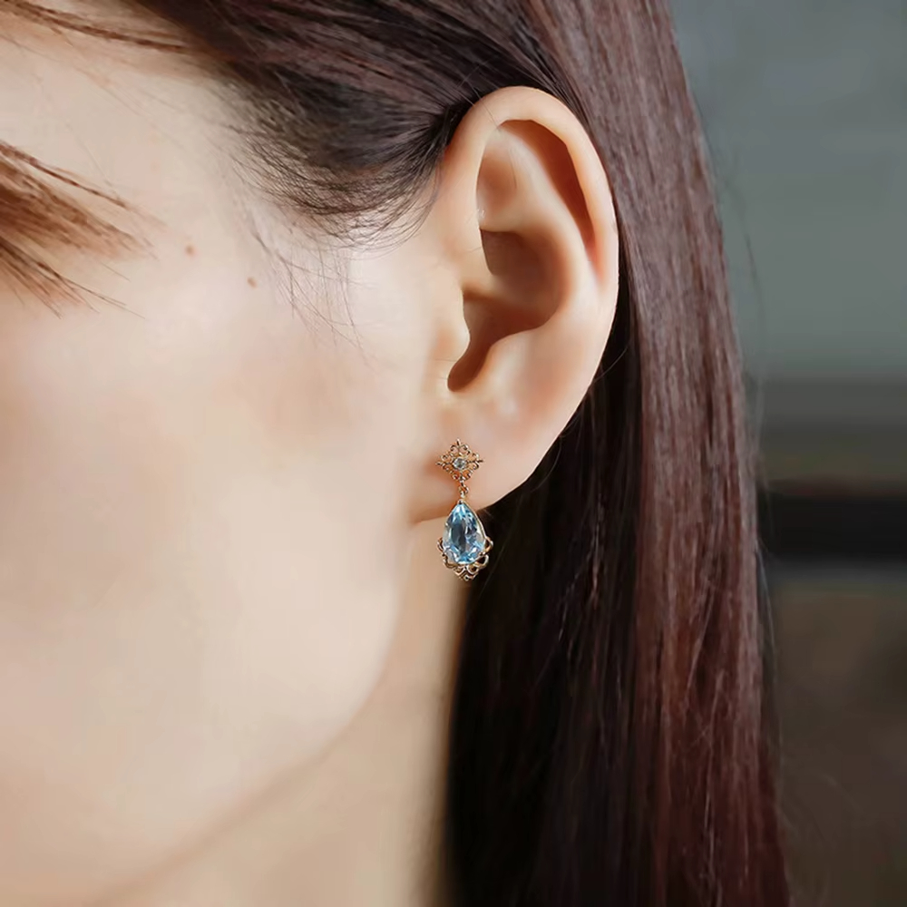 Plant Series Women Studs Finding Pineapple Earrings Gemstone French Vintage Court Style Drop Sky Blue Topaz Earrings