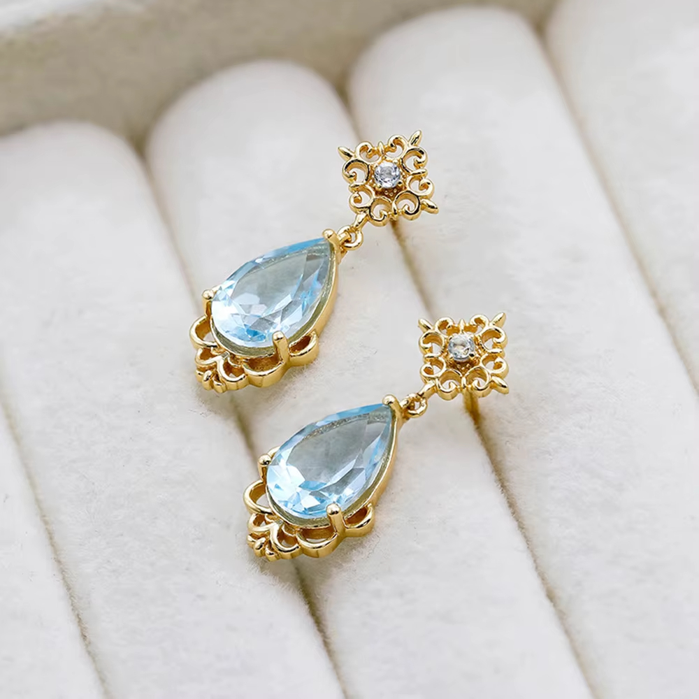 Plant Series Women Studs Finding Pineapple Earrings Gemstone French Vintage Court Style Drop Sky Blue Topaz Earrings