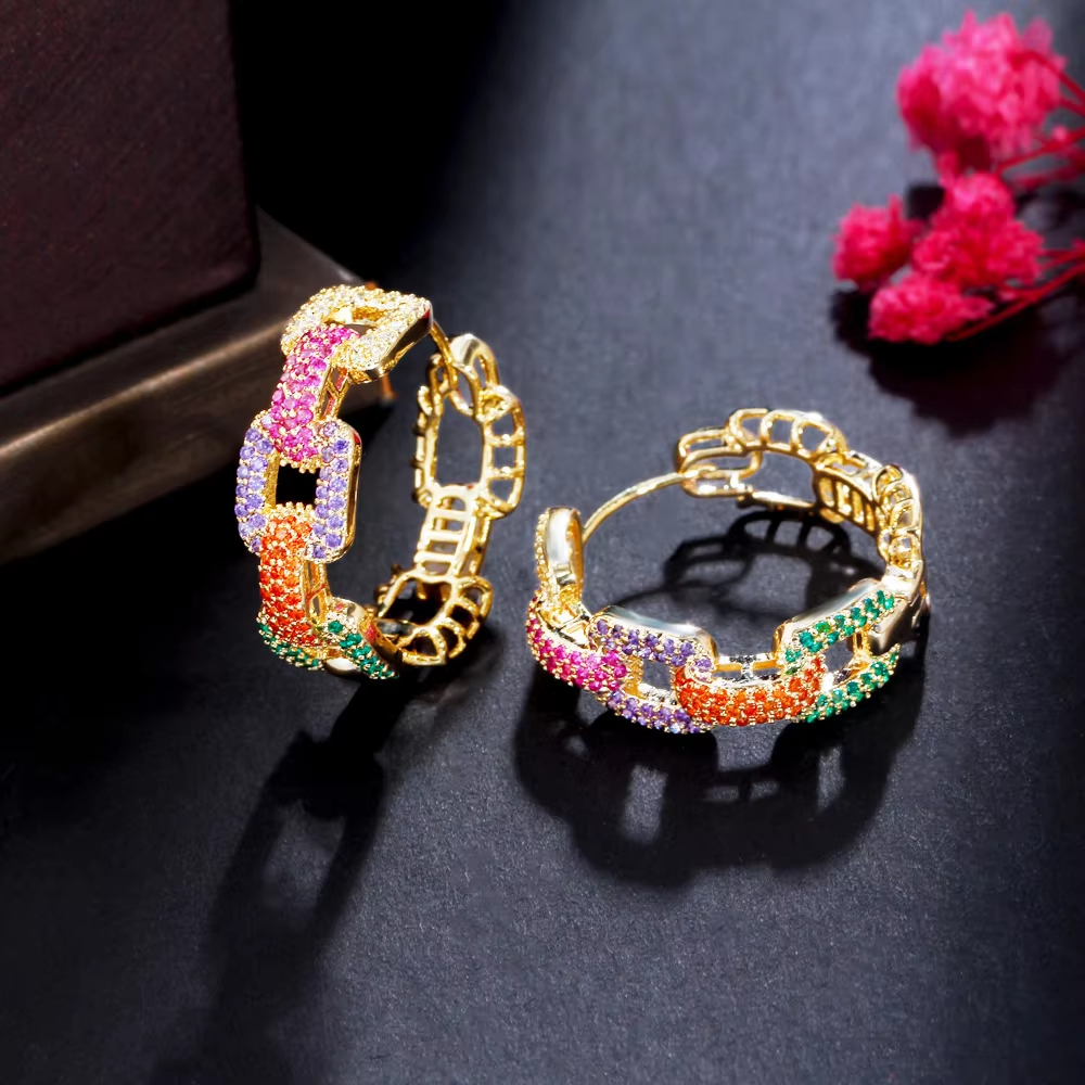 Popular 18K Gold Plated Copper Jewelry Cubic Zirconia Inlaid Colorful Exquisite Chain Design Hoop Earrings for Women Party