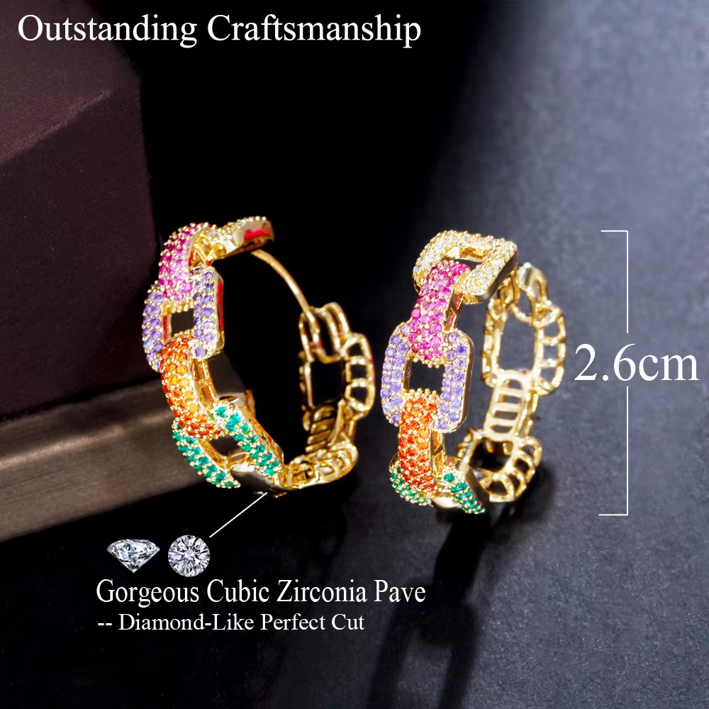 Popular 18K Gold Plated Copper Jewelry Cubic Zirconia Inlaid Colorful Exquisite Chain Design Hoop Earrings for Women Party
