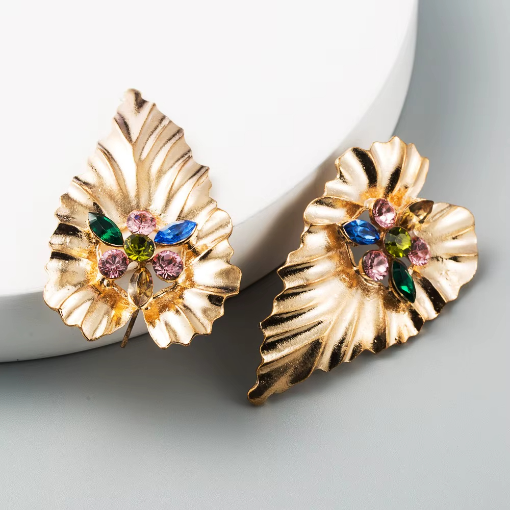 Popular Exaggerated Multi Color Stone Stud Earrings With Gold Plated Heart Shape Palm Leaves Shaped Earrings Plant Jewelry