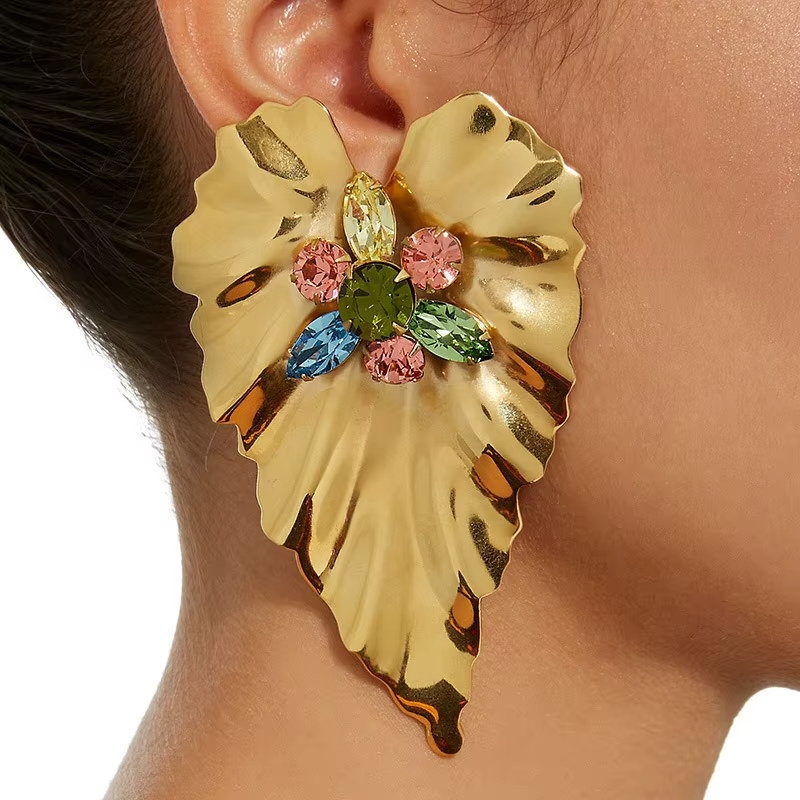 Popular Exaggerated Multi Color Stone Stud Earrings With Gold Plated Heart Shape Palm Leaves Shaped Earrings Plant Jewelry