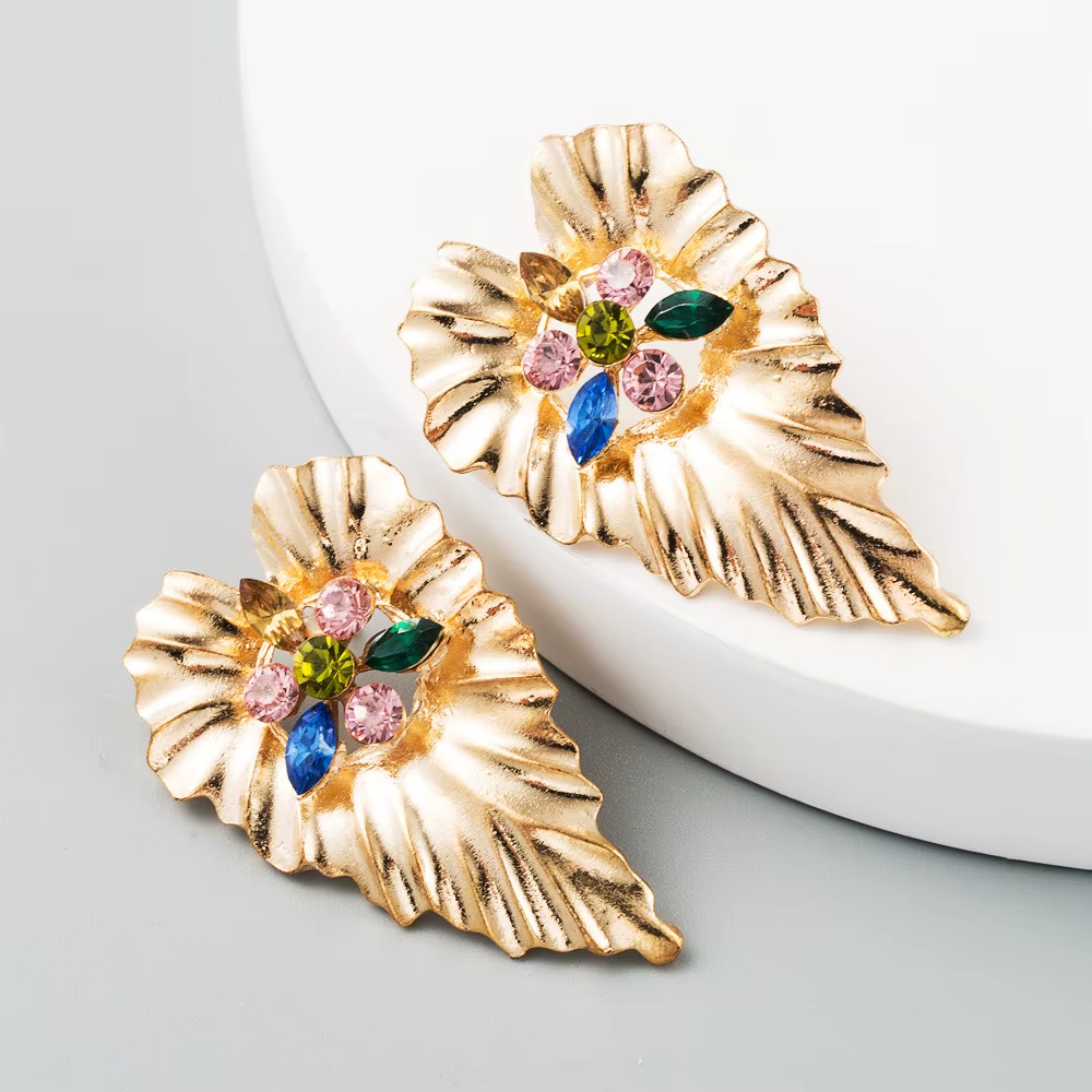 Popular Exaggerated Multi Color Stone Stud Earrings With Gold Plated Heart Shape Palm Leaves Shaped Earrings Plant Jewelry