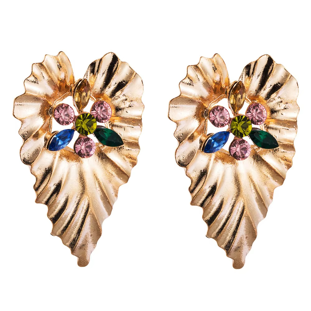 Popular Exaggerated Multi Color Stone Stud Earrings With Gold Plated Heart Shape Palm Leaves Shaped Earrings Plant Jewelry