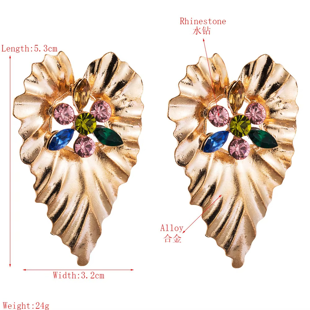 Popular Exaggerated Multi Color Stone Stud Earrings With Gold Plated Heart Shape Palm Leaves Shaped Earrings Plant Jewelry