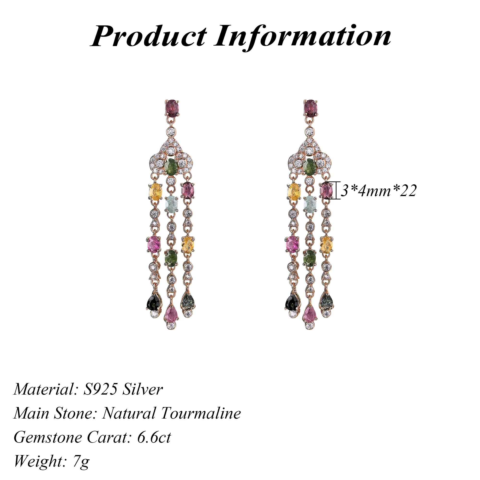 Precious Rose Gold Plated 925 Sterling Silver Natural Tourmaline Drop Earrings for Women Mother's Day Jewelry