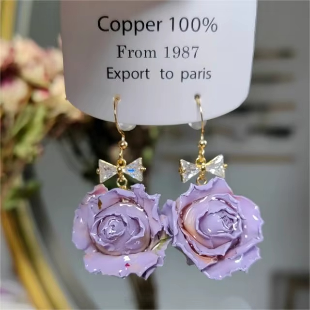 Preserved Real Rose Flower Resin Earrings Bow Dried Floral Forest Style Earrings for Women Girls Daily Wear Gift