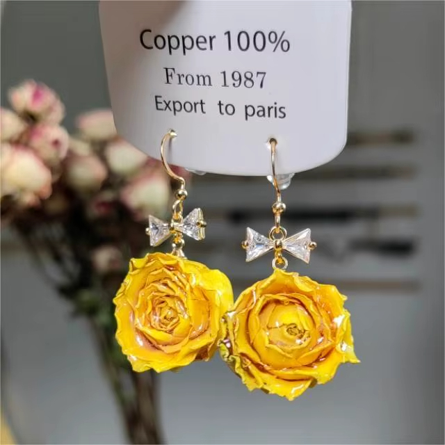 Preserved Real Rose Flower Resin Earrings Bow Dried Floral Forest Style Earrings for Women Girls Daily Wear Gift