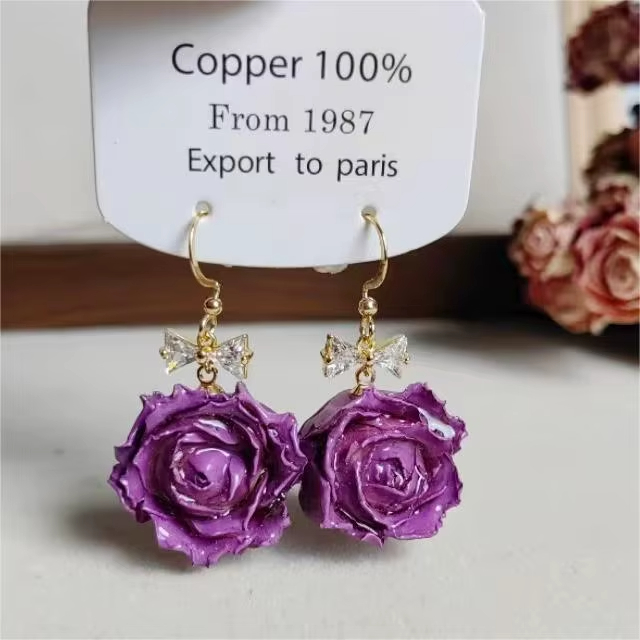 Preserved Real Rose Flower Resin Earrings Bow Dried Floral Forest Style Earrings for Women Girls Daily Wear Gift